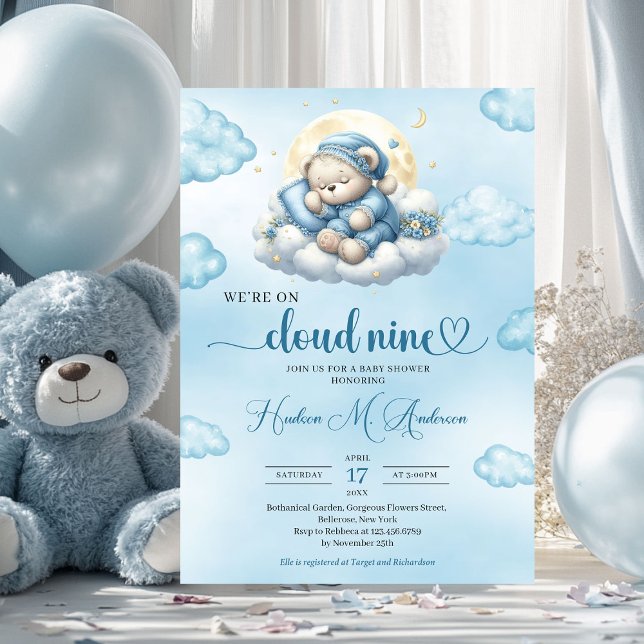 Wir sind auf Wolke neun niedlichen Teddybärenschla Einladung (we are on cloud nine sleeping teddy bear boy baby shower invitation)