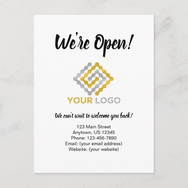 Wir sind eine Ankündigung zur Wiedereröffnung der  Postkarte (Vorderseite)