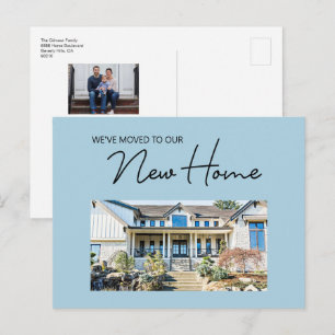 Wir sind in unser neues Zuhause gezogen Fotos blau Feiertagspostkarte
