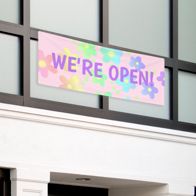 WIR SIND OFFEN! Blume Pastel Rainbow Banner (Äußeres Gebäude)