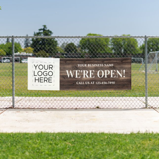 Wir sind Open-Business-Logo Rustikales Holz Banner (Insitu)