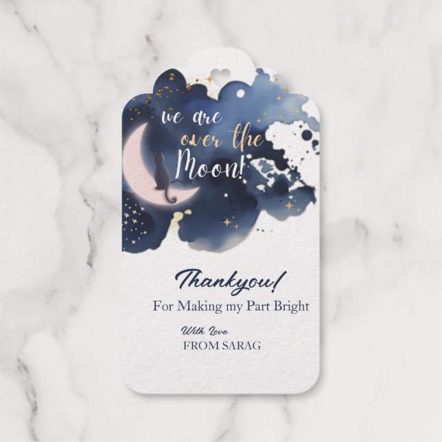 Wir sind über dem Mond Babydusche blau Danke Geschenkanhänger (Rückseite)