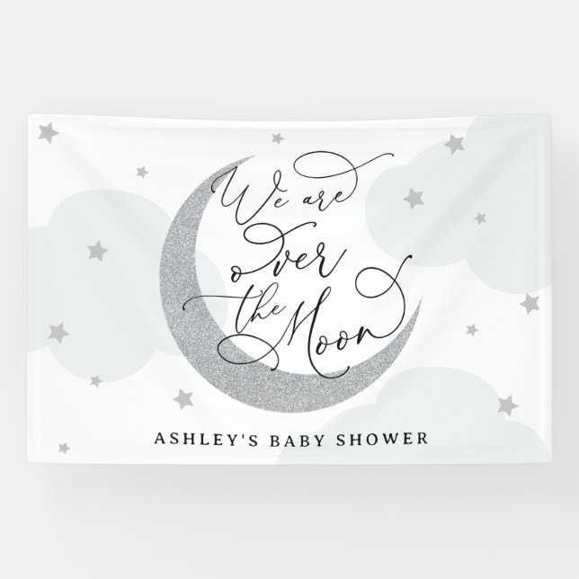 Wir sind über dem Mond Silver und Blue Baby Dusche Banner (Horizontal)