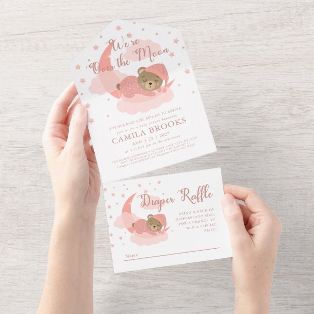 Wir sind über dem Mond und haben eine Babydusche f All In One Einladung (Abreißen)