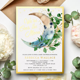 Wir sind über den Mond Eukalyptus Babyparty Gold Folieneinladung