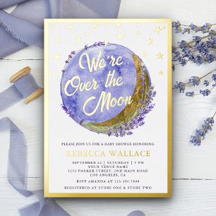 Wir sind über den Mond Lavendel-Baby-Party Gold Folieneinladung