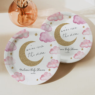 Wir sind über den Mond Rosa Himmels-Baby-Party Pappteller