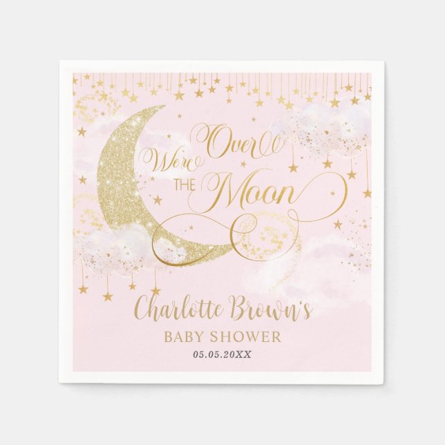 Wir sind über den Mond Stars Pink Gold Baby Dusche Serviette (Vorderseite)