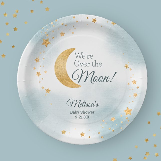 Wir sind über der Blue-Baby-Dusche des Mondes Pappteller (We're Over the Moon Blue Baby Shower Paper Plates)