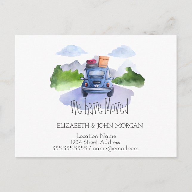 Wir sind umgezogen, Auto, Koffer, neue Adresse Ankündigungspostkarte (Vorderseite)