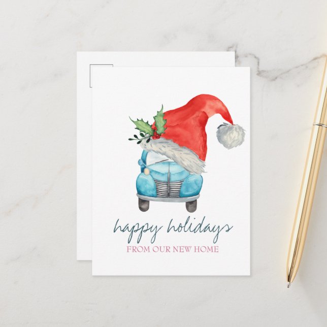 Wir sind umgezogen, Auto-Weihnachtsmannmütze Ankündigungspostkarte (Vorderseite/Rückseite Beispiel)