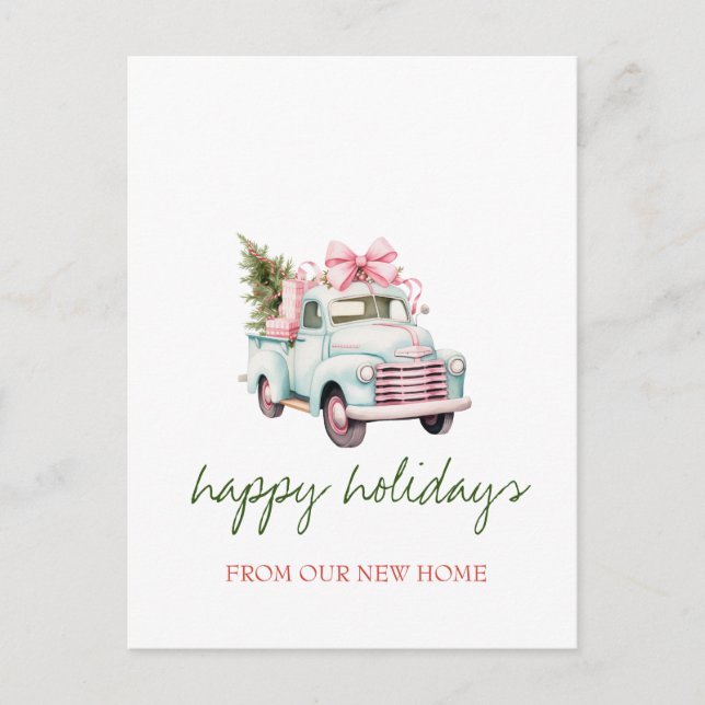 Wir sind umgezogen, blauer Lkw, Pine Tree Urlaub Ankündigungspostkarte (Vorderseite)