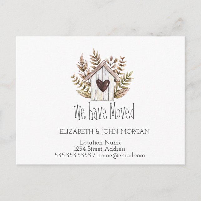 Wir sind umgezogen, Holzhaus, neue Adresse Ankündigungspostkarte (Vorderseite)