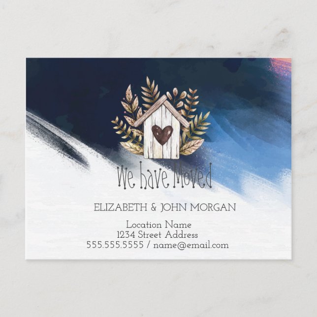 Wir sind umgezogen, Holzhaus, PinselstricheNeue Ad Ankündigungspostkarte (Vorderseite)
