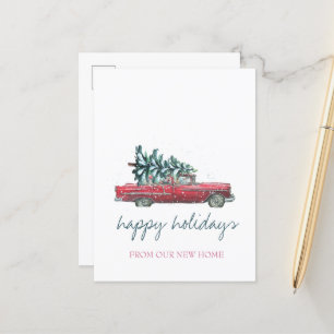 Wir sind umgezogen, Retro-Auto, Weihnachtsbaum Ankündigungspostkarte