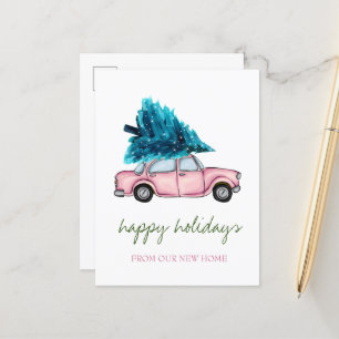 Wir sind umgezogen,Rosa Auto,Fichten-Weihnachten Ankündigungspostkarte