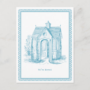 Wir sind umgezogen Vintage-Haus Postkarte Blau