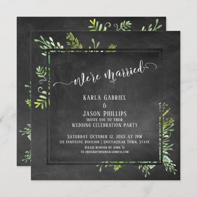 Wir sind Verheiratet Script Greenery Bouquet Chalk Einladung (Vorne/Hinten)