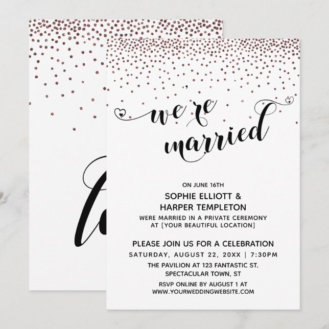 Wir sind Verheiratet Script Rose Gold Confetti Emp Einladung (Vorne/Hinten)