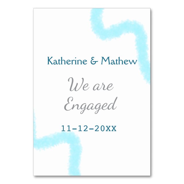 Wir sind verlobt blaugraue Aquarellspirale stilvol Tischnummer (Vorderseite)