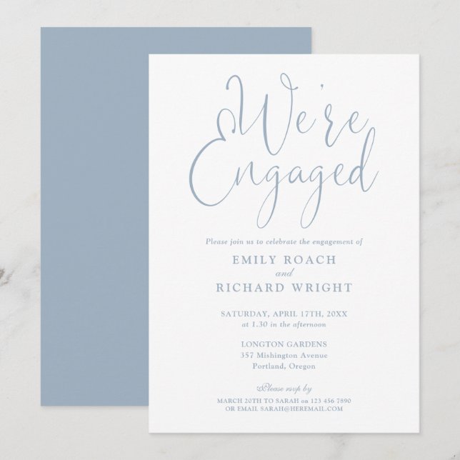 Wir sind Verlobt Script Dusty Blue Engagement Part Einladung (Vorne/Hinten)