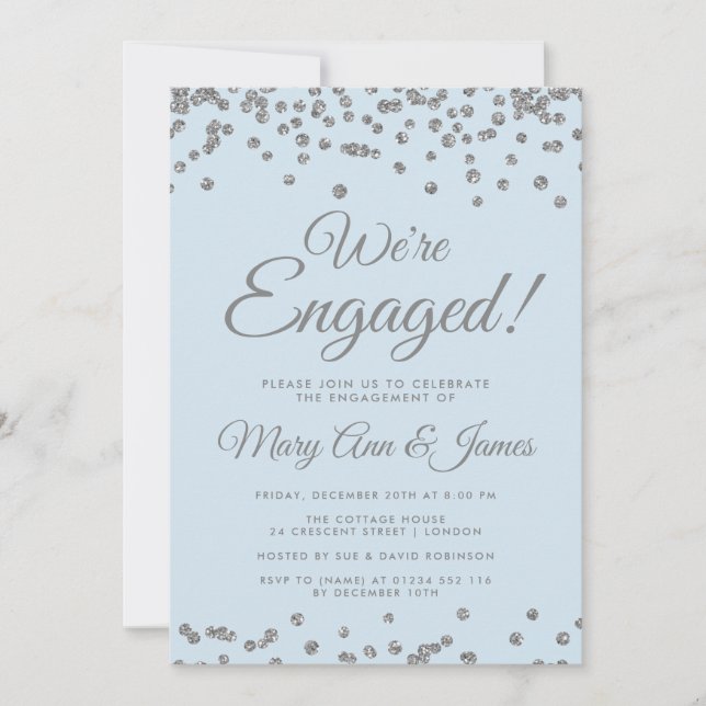 Wir sind Verlobt! Silberner Glitzer Confetta Einladung (Vorderseite)