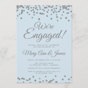 Wir sind Verlobt! Silberner Glitzer Confetta Einladung
