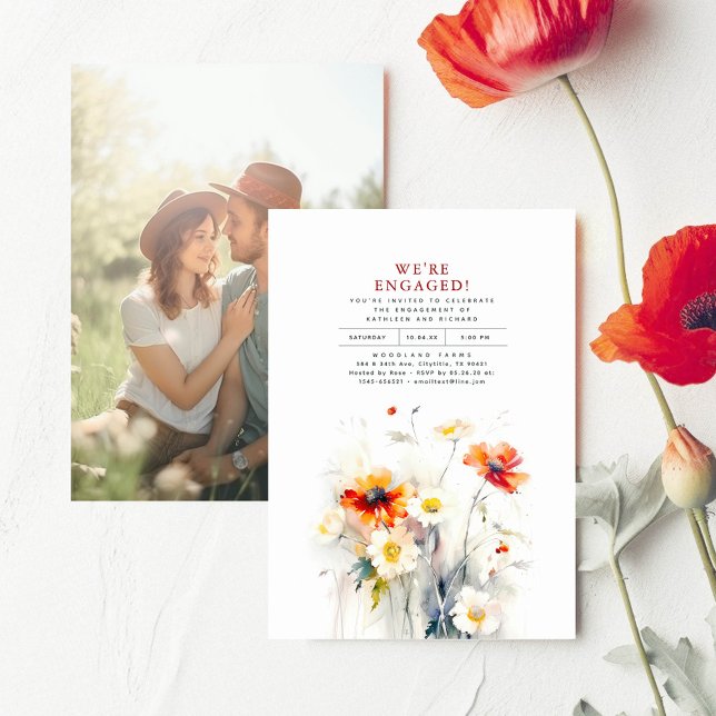 Wir sind Verlobte Wildblumen Engagement Party Foto Einladung (Wildflowers Minimalist Elegant Engagement Party Photo Invitations "We're Engaged!")