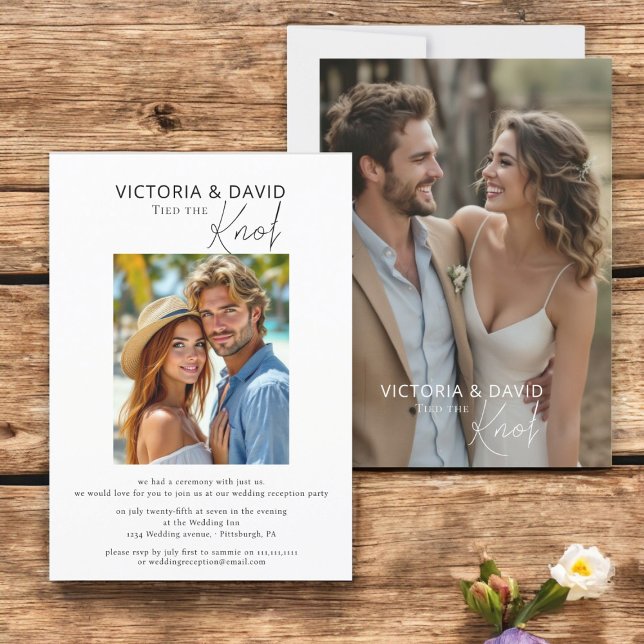 Wir tippten den Knoten Elopement / Hochzeitsempfan Einladung ("We Tied The Knot" Elopement & Reception Invitation with two photos in a minimal stylish design 

)