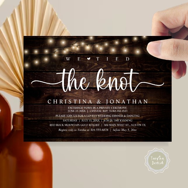 Wir tippten den Knoten, rustikale Hochzeitsfeier Einladung (We Tied The Knot, Rustic Wedding Dinner Elopement Invitation card, pdf, in cottage dark wood)
