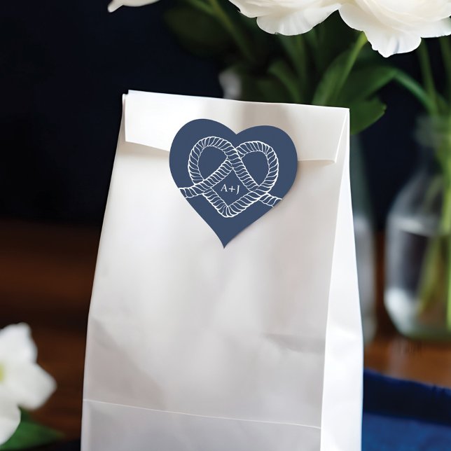 Wir tippten der Knot-Rope Herz Nautical Navy & Whi Herz-Aufkleber (We Tied The Knot Rope Heart Nautical Navy & White Heart Sticker)