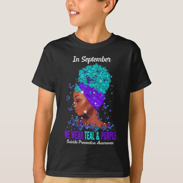Wir tragen Aquamarines Lila Bewusstsein für Suizid T-Shirt (Vorderseite)