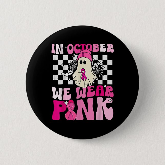 Wir tragen Pink Funny Ghost Halloween Brustkrebs Button (Vorderseite)