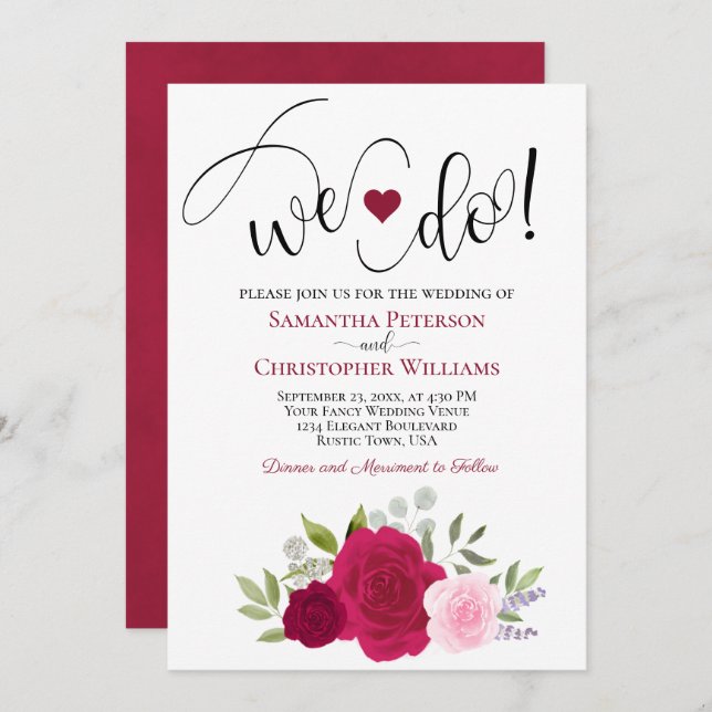 Wir tun es! Elegant Magenta & Pink Roses Boho Wedd Einladung (Vorne/Hinten)