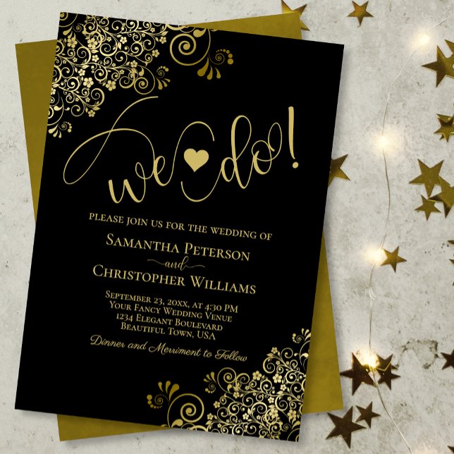 Wir tun es! Elegante Frilly Black & Gold Wedding Einladung (Von Creator hochgeladen)