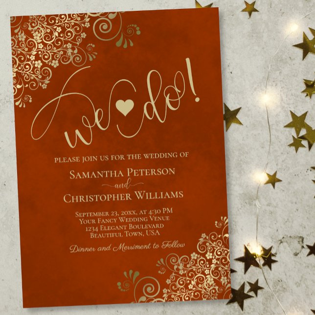 Wir tun es! Elegante Frilly Rust Orange & Gold Wed Einladung (Von Creator hochgeladen)