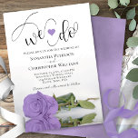 Wir tun es! Elegante Lavender Lila Rose Chic Weddi Einladung<br><div class="desc">Diese schöne Hochzeitseinladung ist romantisch, spielerisch und stilvoll. Es enthält einen lustigen Titel mit einem niedlichen Herz und modernes Schriftzeichen, das oben "We do" liest, mit allen Details unten. Im unteren Teil befindet sich eine wunderschöne Single lang gestempelte lila oder lavendelfarbene Rose, die auf der Seite liegt und in einem...</div>