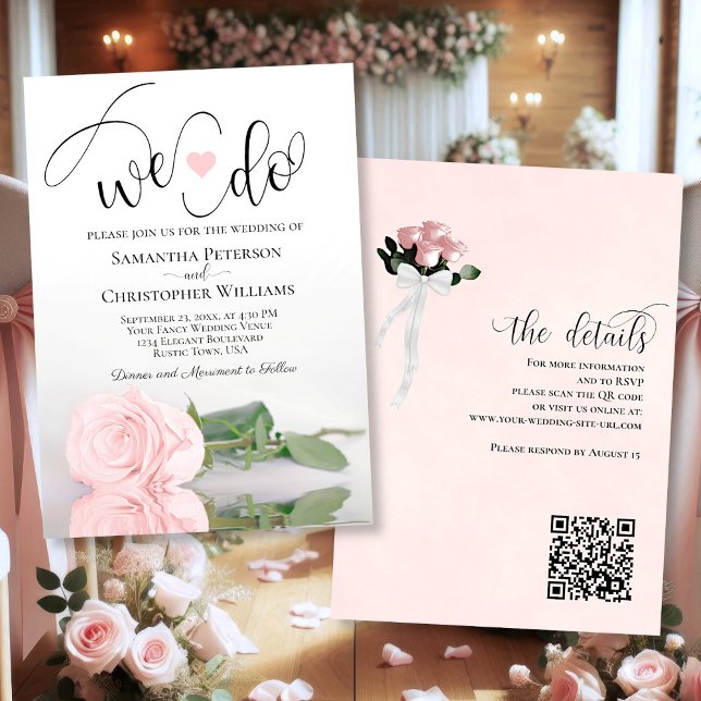 Wir tun es! Eleganter Rosa Rose QR Code Hochzeit Einladung (front/back)