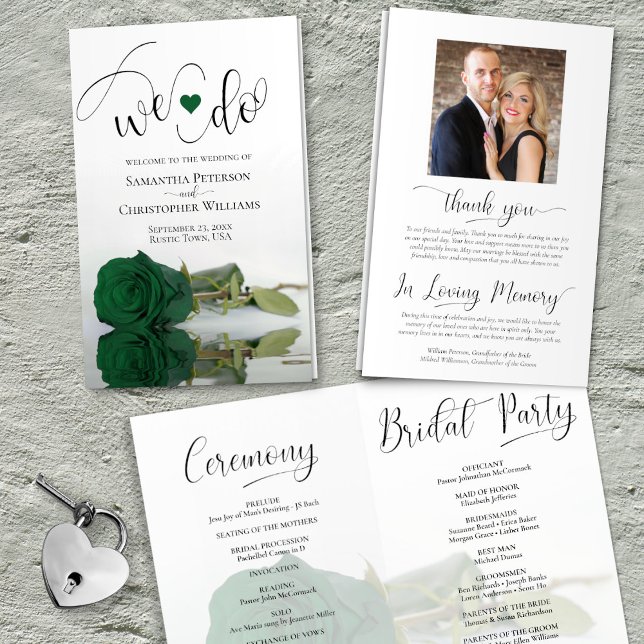 Wir tun es! Emerald Green Rose Modern Wedding Prog (Front/Back/Inside)
