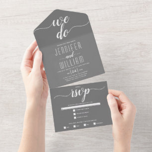 "Wir tun es" grau-weiße Kalligrafie-Hochzeit All In One Einladung