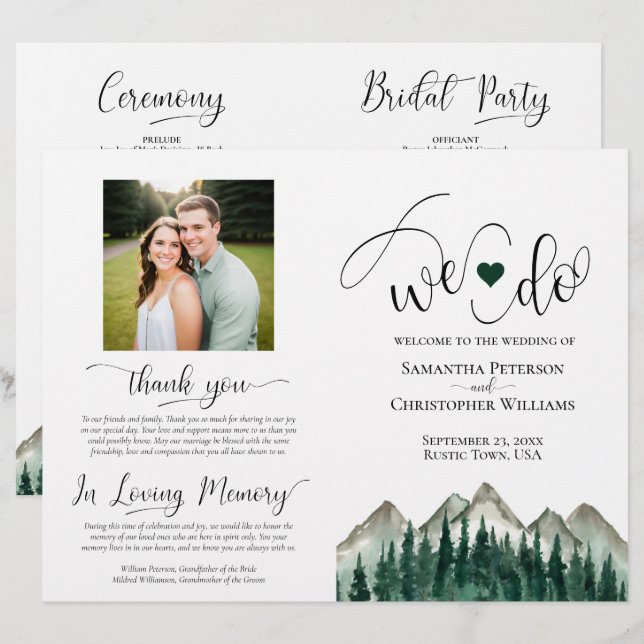 Wir tun es! Mountain & Pine DIY-Falt-Hochzeitsprog (Vorne/Hinten)