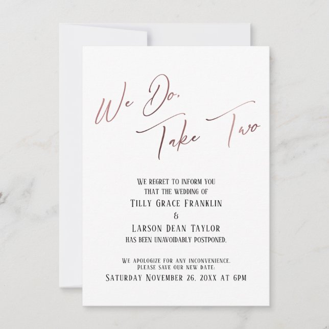 Wir tun es, nehmen wir zwei: verzögerte Hochzeitsa Einladung (Vorderseite)