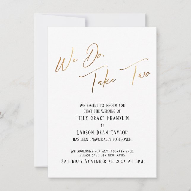 Wir tun es, nehmen wir zwei: verzögerte Hochzeitsa Einladung (Vorderseite)