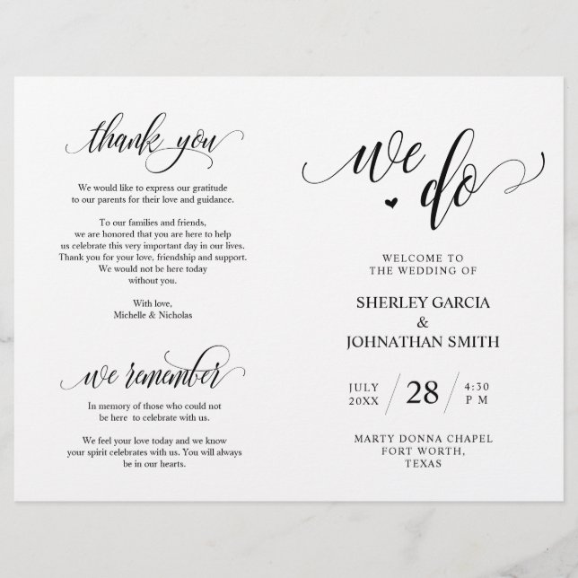 Wir tun, Schwarz, klappbares Hochzeitsprogramm (Vorderseite)