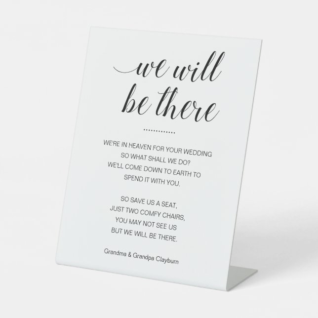 Wir werden dort Gedenksitze mit Namen für Hochzeit Sockelschild (Vorderseite)