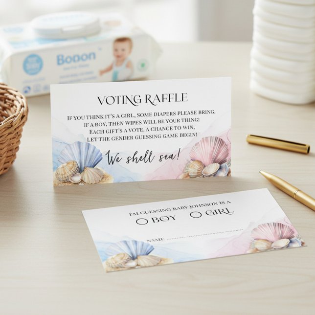 Wir werden Meer Küstengeschlecht Enthüllung Windel Begleitkarte (Diaper Wipes voting raffle tickets - Coastal Gender Reveal We Shell Sea collection by Darling & May)