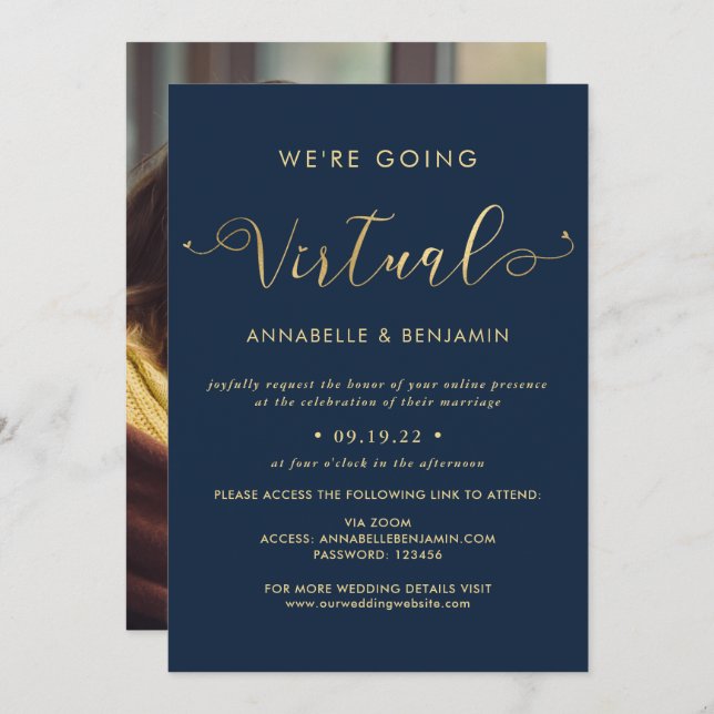 Wir werden Virtual Navy & Gold Wedding Foto Einladung (Vorne/Hinten)
