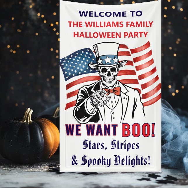 Wir Wollte Boo Patriotic Halloween-Party Willkomme Banner (Patriotic Uncle Sam Wants YOU BOO! Red white blue Spooky Skeleton Halloween Party Welcome Sign)