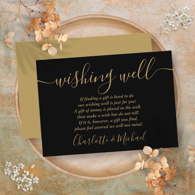 Wir wünschen gute Schwarz-Gold-Script-Hochzeit Begleitkarte (Wishing Well Black And Gold Script Wedding Enclosure Card)