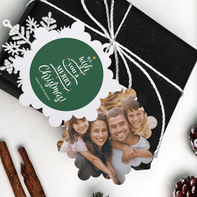 Wir wünschen Ihnen ein frohes Weihnachts-Custom-Fo Ornament Karte (Personalized Photo paper ornament, We wish you a Merry christmas holiday tree design, Green white )